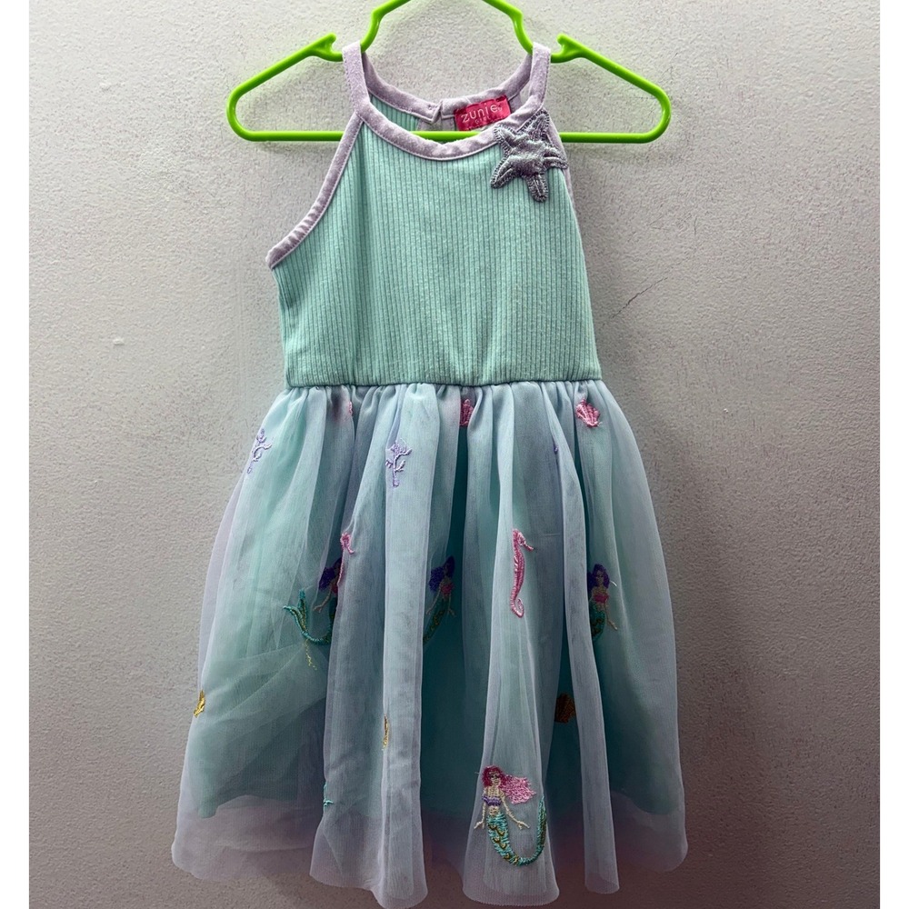 Zunie Girl Toddler 3T Mermaid Embroidered Tulle Dress Mint Green Lavender